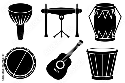 Collection of black silhouettes of musical instruments
