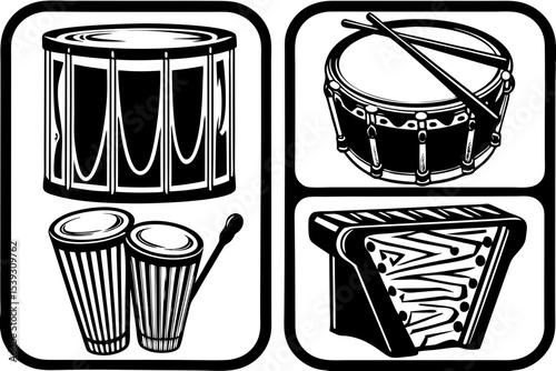 Black and white illustrations of percussion instruments