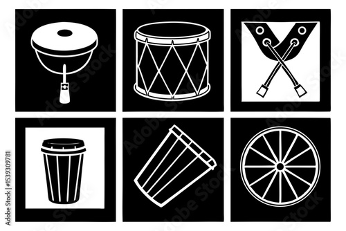 Collection of black and white drum illustrations