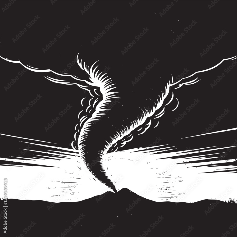 Obraz premium Illustrated tornado touches down on mountain landscape at sunset with dark storm clouds above