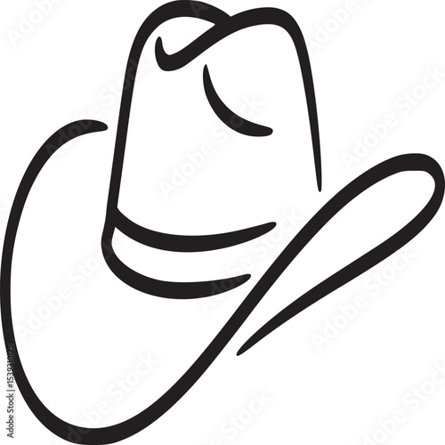 A minimalist line drawing of a cowboy hat with a brim and a curved crown on a white background