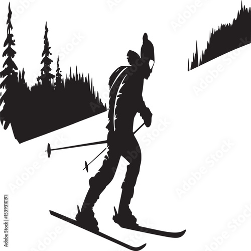 Silhouette of a skier on a snowy slope with mountains and trees in the background on a clear day
