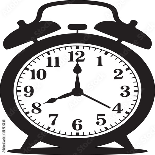 Isolated black alarm clock with visible numbers and hands on a white background in a simple style
