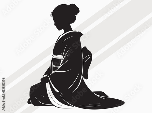 Traditional Japanese Silhouette of Kneeling Figure in Elegant Kimono with Flowing Hair Ribbon