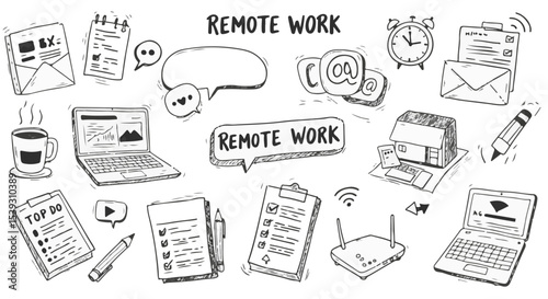 Remote Work Doodle Illustration Featuring Laptop, Coffee, Emails, and To-Do Lists for Business Productivity