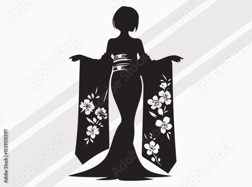Graceful Japanese Silhouette of Woman Holding a Traditional Umbrella in Flowing Attire photo