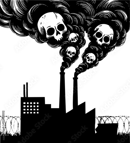 Dark Industrial Factory Illustration with Skull-Shaped Smoke and Barbed Wire Fence – Gritty Corporate Decay Aesthetic in Monochrome Vector Style