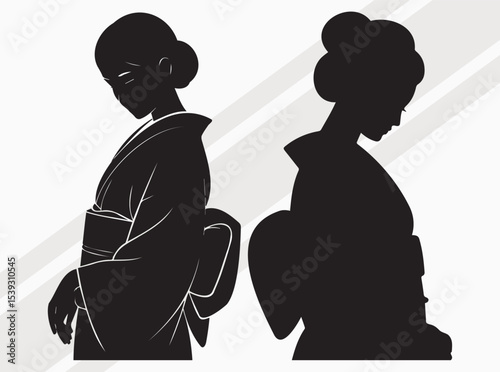 Traditional Japanese Silhouette of Kneeling Figure in Elegant Kimono with Flowing Hair Ribbon