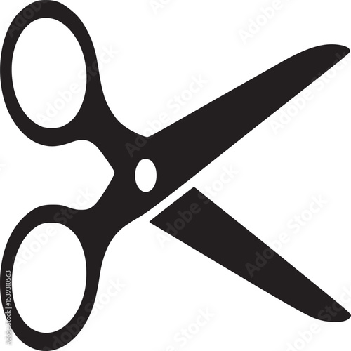 A simple black scissor icon isolated on a white background with open blades and circular handles