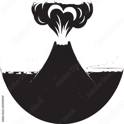 A volcano erupting with orange and red lava against a sunset sky in a circular illustration