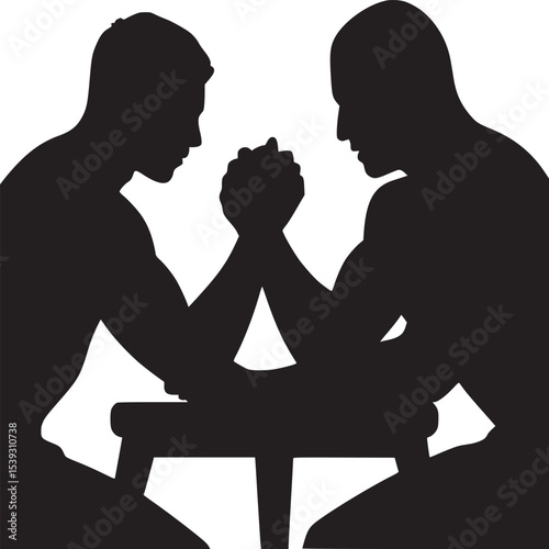Silhouette of two men arm wrestling on a table against a white background in a graphic style