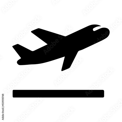 Airplane taking off icon representing commercial aircraft ascending from departure terminals and airport runway transparent background
