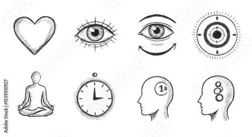 Hand-drawn Sketch Icons Mindfulness Meditation Yoga Heart Eye Vision Time Clock Brain Wellness Concept