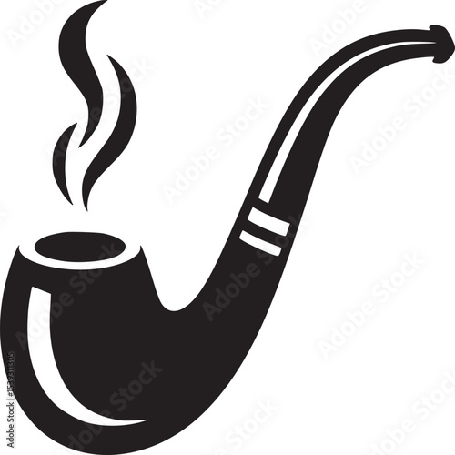 A black and white illustration of a smoking pipe with smoke on a white background design style