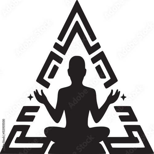 Silhouette of meditating person inside a triangle shape with decorative design elements around it