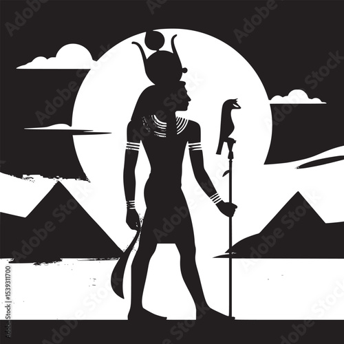 Egyptian god shu silhouette with pyramids and sunset background in vector illustration art