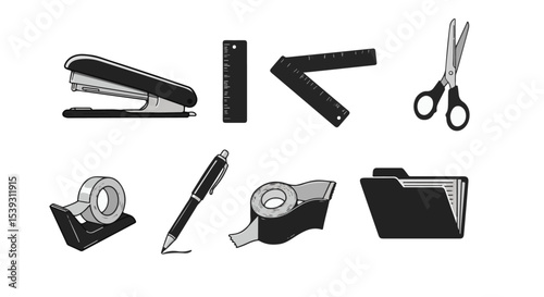 Essential Office Supplies Illustration featuring Stapler, Scissors, Tape Dispenser, Ruler, and Pen