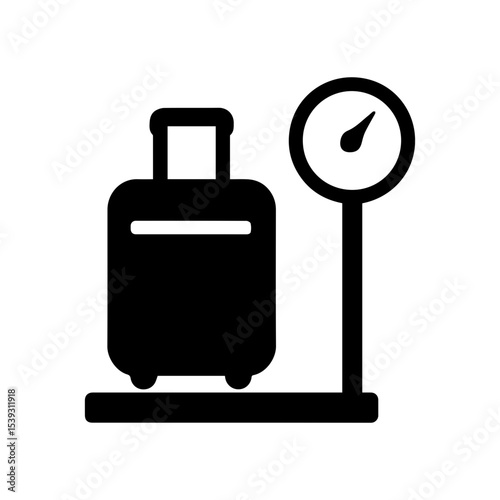 Checked baggage scale icon with suitcase on weighing platform for airport luggage measurement and travel check-in transparent background
