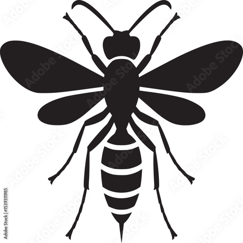 A graphic black and white image of a wasp with wings and striped abdomen on a white background