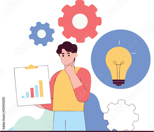 Businessman, Thinking for Business Idea Vector Illustration, Creative Planning and Innovation Concept in Flat Design
