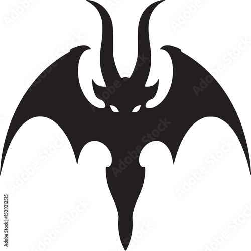 A black silhouette of a winged creature with horns and glowing eyes on a white background image art