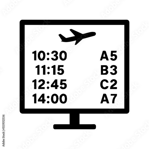 Flight information board icon with departure and arrival details for airport travel schedule and real-time status updates with transparent background
