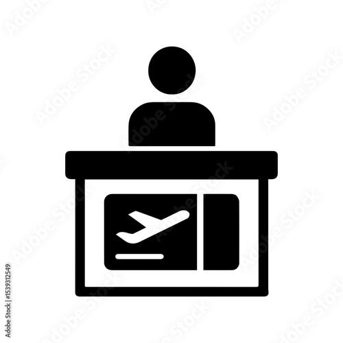 Airline counter icon with person behind service desk and airplane symbol representing airport check-in and travel assistance with transparent background
