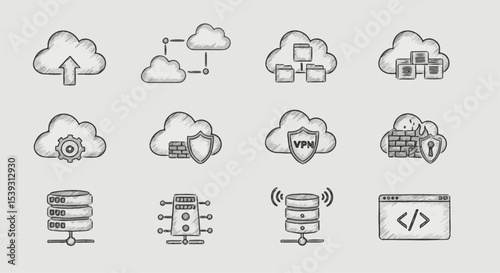 Cloud Computing Technology Icons Sketch Server Network Data Security Upload Download VPN Firewall