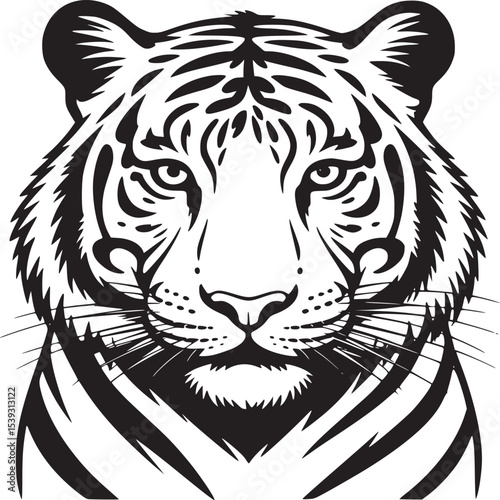 Close up of a tiger's face in black and white with detailed stripes and facial features visible clearly
