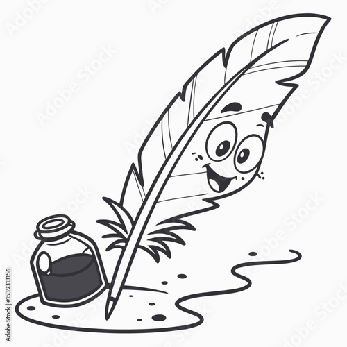 Happy quill pen with inkwell cartoon illustration