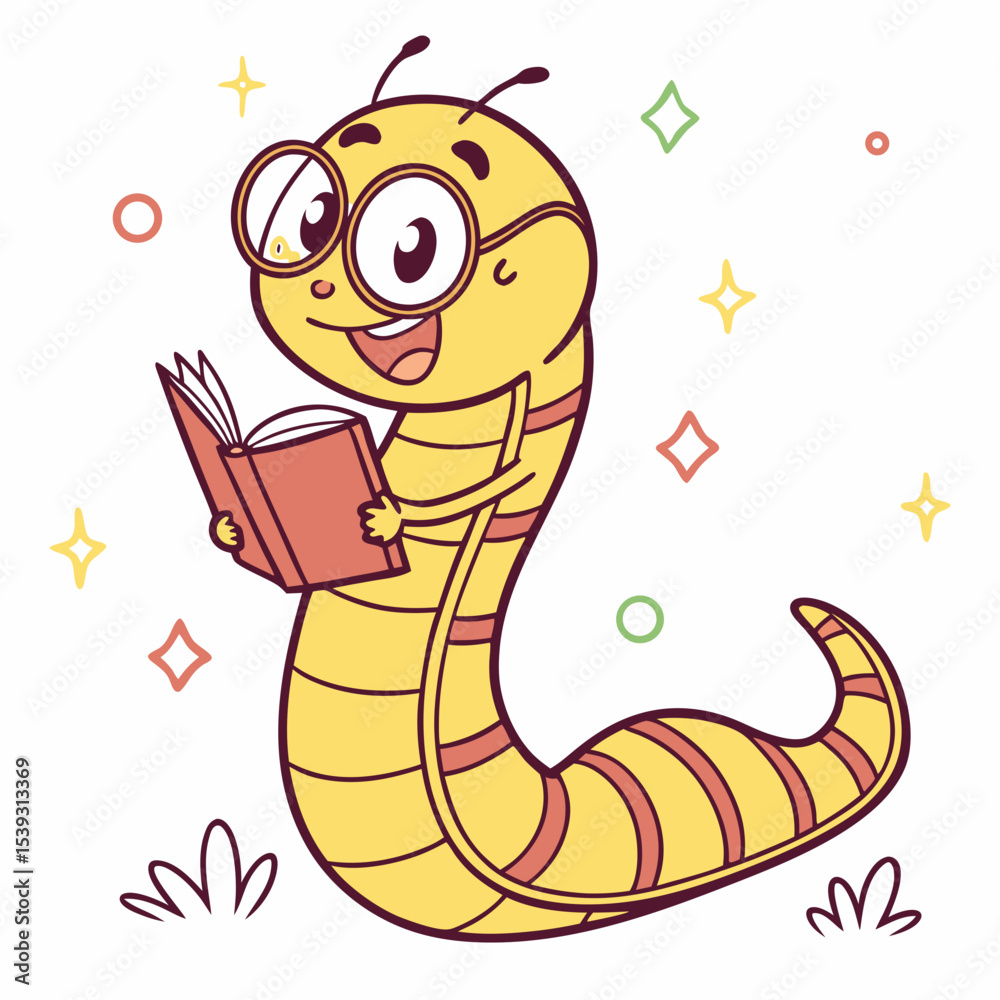 Fototapeta premium Adorable cartoon worm reading a book