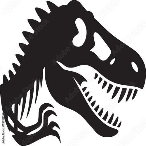 Black silhouette of a dinosaur head with sharp teeth and bony frills on a white background design