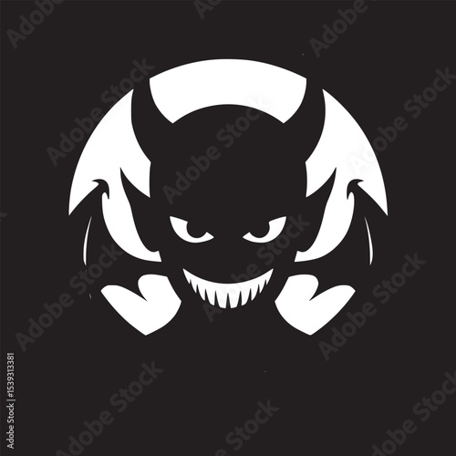 A cartoonish depiction of a black devil with red eyes and wings against a red and cream background