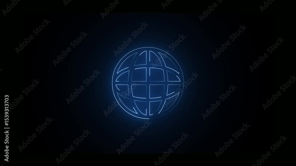 symbol Neon globe cyan icon animation plane world map neon black background. neon pictogram for a webpage. World web icon, www earth globe icons .com, internet symbol for your logo, glowing animation.