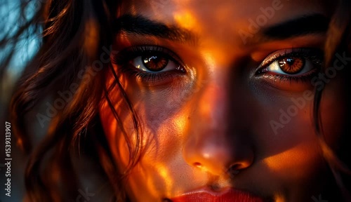 Sunset Glow A Close-Up Portrait of a Woman with Captivating Eyes