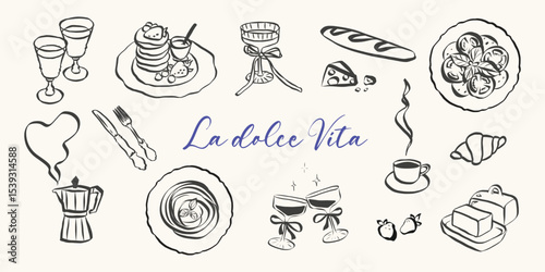 Italian food and pasta doodles. Whimsical icons with la dolce vita aesthetic in simple crayon and sketch style. Trendy art for menus and dinner brunch invitations. Sketch vector illustration