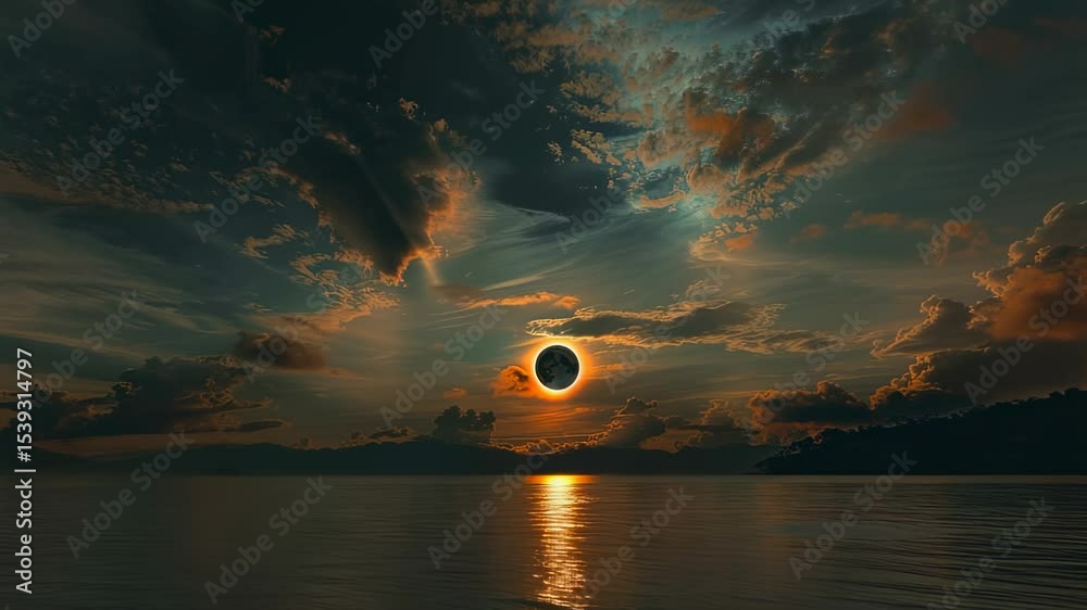 Dramatic total solar eclipse over tranquil water at sunset with colorful clouds