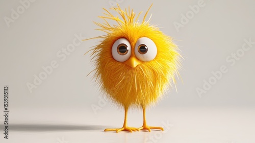 Cute cartoon fluffy yellow bird against plain background. Possible use Children's book illustration