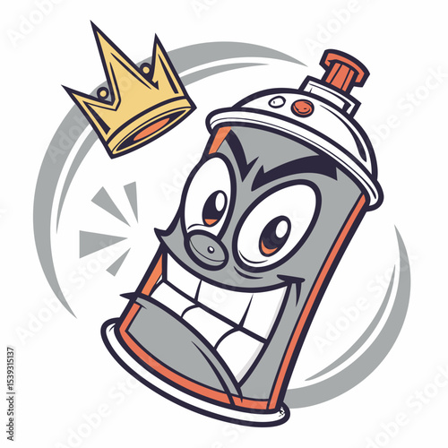 Joyful spray paint can cartoon with crown