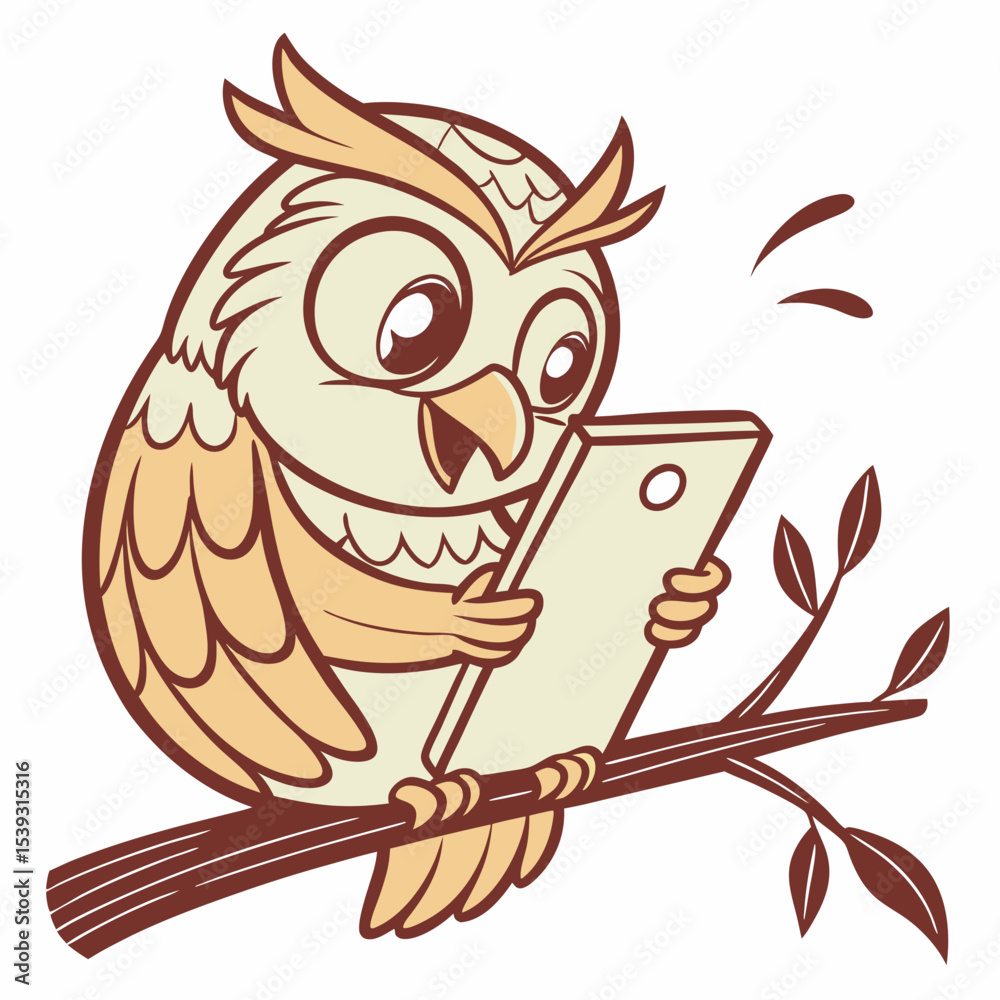 Adorable owl using a smartphone on a branch