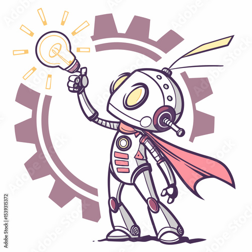 Innovative robot with bright idea and gear