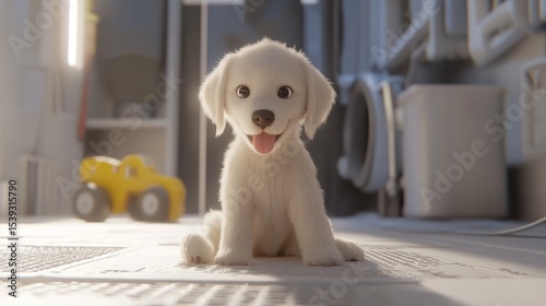 Cute puppy sitting in a room. Possible use Children's book illustration