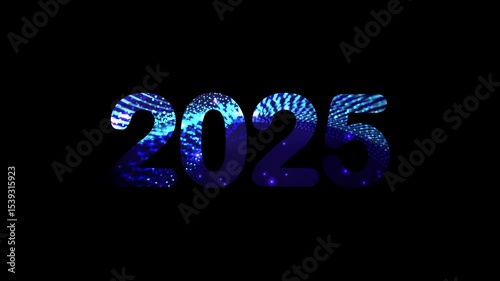 2025 animation text video with dot blue animation on plain black background