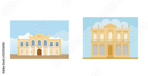 Luxurious baroque mansion with ornate architectural home design vector art set