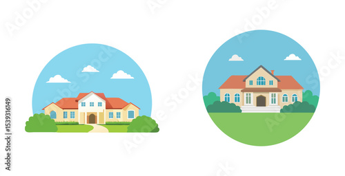 Luxurious estate house exterior grand architecture home design vector art set