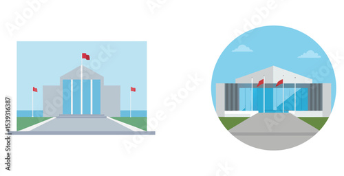 Modern embassy building with sleek glass facade architectural design vector art set