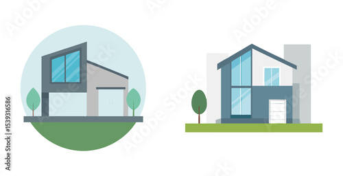 Modern infill house exterior in urban neighborhood home design vector art set