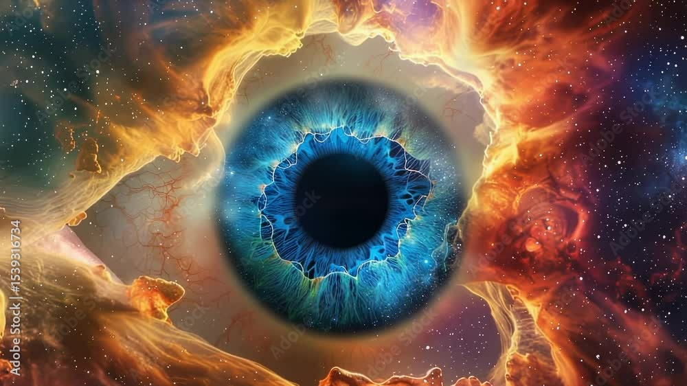 Surreal cosmic eye with nebula background, vibrant colors, and intricate details