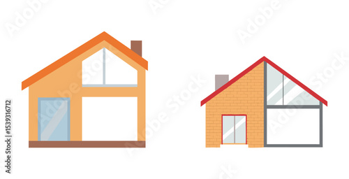 Modern loft conversion house exterior and interior home design vector art set