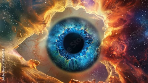 Surreal cosmic eye with nebula background, vibrant colors, and intricate details